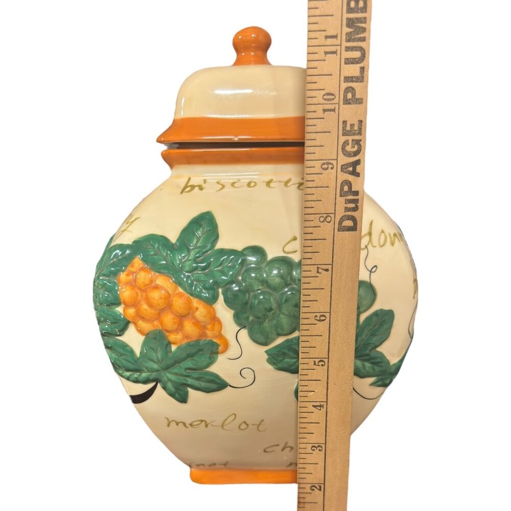 Vintage Nonni’s Handpainted Ceramic Biscotti Jar With Lid Grapes & Text  12.5 “